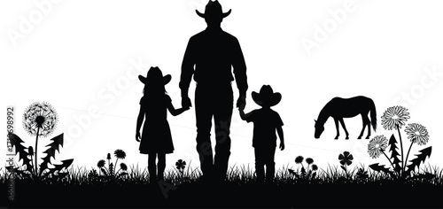 Cowboy family silhouette vector — man with children, horse grazing, wildflowers, rural lifestyle, western nature scene in black design