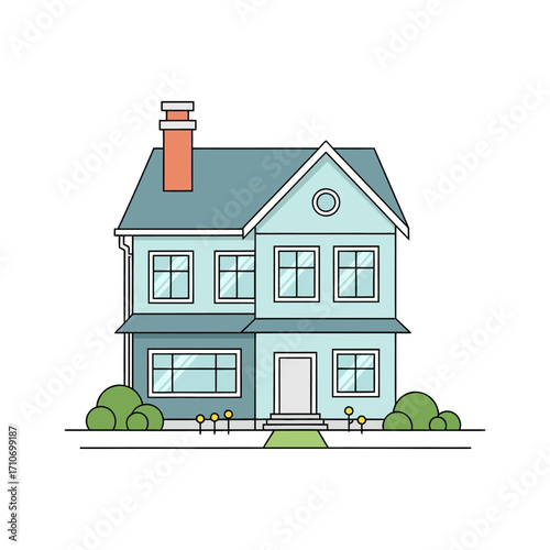 Vector illustration of a modern house, a residential building with a red roof, doors, and windows, perfect for a real estate business design