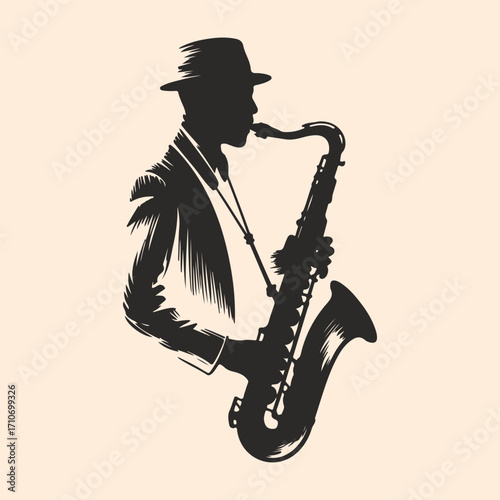 Silhouette of a Saxophone Player in a Hat Jazz Music Icon Illustration