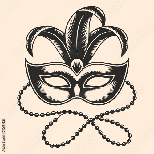 Vintage monochrome illustration of a feathered carnival mask with beads for a masquerade ball