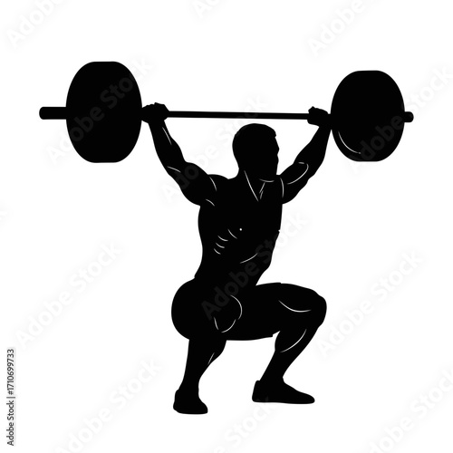 Powerlifting athlete silhouette snatching heavy barbell overhead, strength training for peak fitness