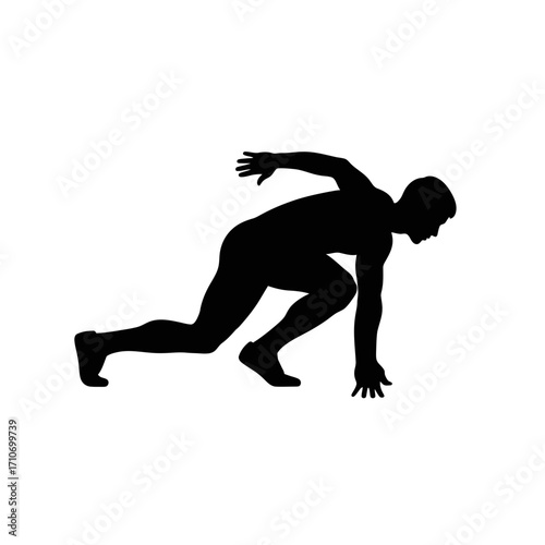 Dynamic silhouette of sprinter poised to launch with determination, power and explosive speed