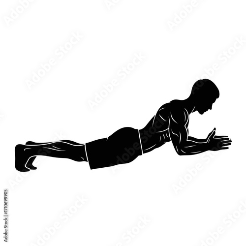 Strong man in plank position, core workout, building strength and fitness, healthy lifestyle