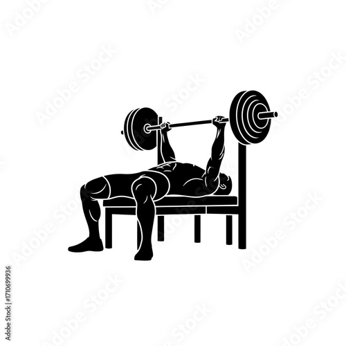 Powerful silhouette of man bench pressing for fitness and strength training goals, vector art
