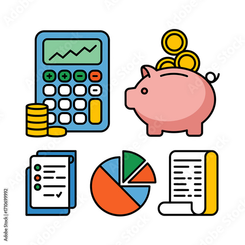 Financial Budgeting with Calculator Piggy Bank and Pie Chart Vector