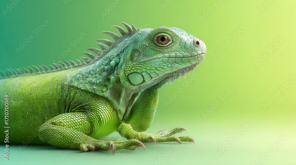 Fototapeta premium Vibrant green iguana resting on soft surface close-up nature photography serene environment captivating viewpoint