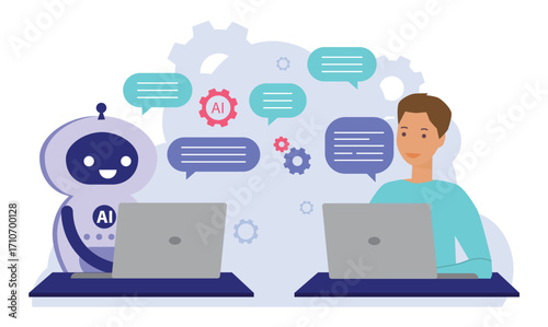Human and AI Robot Collaboration in Customer Service. AI robot and man on laptops with chat bubbles human-AI collaboration in customer service