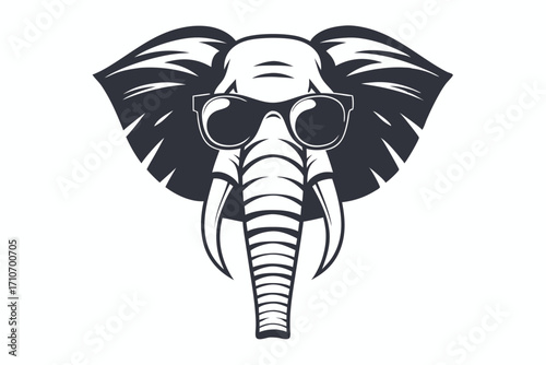 Majestic monochrome elephant sports stylish sunglasses showing tusks and large ears prominently showcased upfront