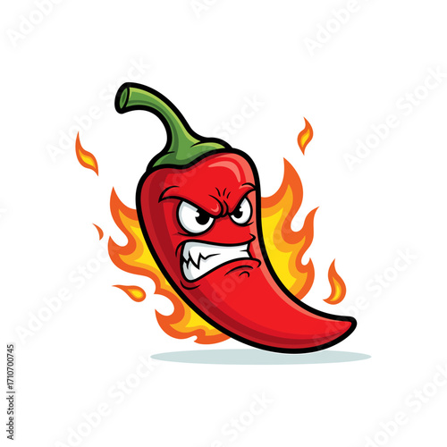 Vector art of a hot chili pepper with fiery flames, a spicy symbol of heat and dragon-like design