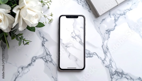 A top-down view of a smartphone on a white marble surface, with white flowers & keyboard partially visible