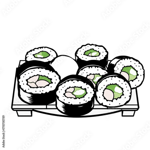 Fresh sushi rolls arranged on bamboo mat with wasabi