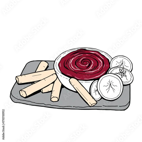 Roasted beetroot hummus with carrot sticks on slate board
