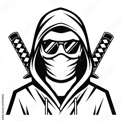 Masked hooded figure sporting shades and katanas creates a bold monochrome visual