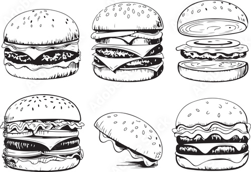 Detailed Monochrome Burger Illustration with Cross-Hatching Texture on Transparent Backdrop