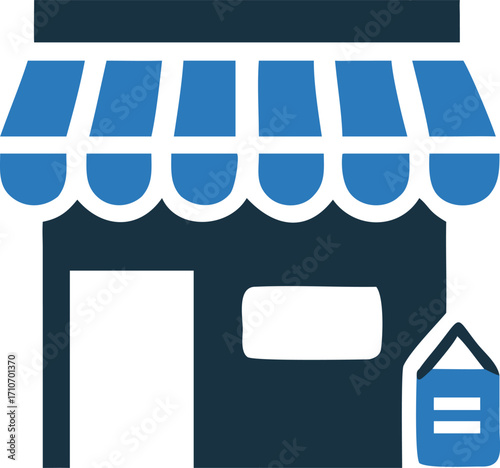 Minimal shop icon shows store front with awning and signboard in blue