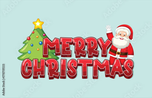 Cartoon Merry Christmas Greeting with Santa Claus and Christmas Tree Vector Illustration