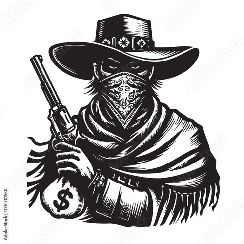 Gangster with gun illustration, vintage mafia man in hat, retro crime vector artwork