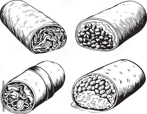 Detailed Monochrome Burrito Illustration with Cross-Hatching Texture on Transparent Backdrop