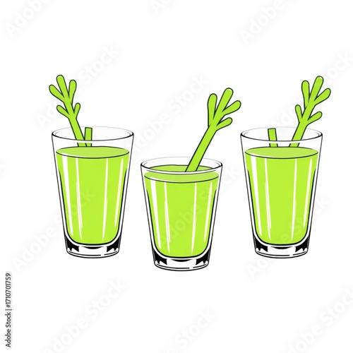 Green juice shots in small glasses with celery stalks