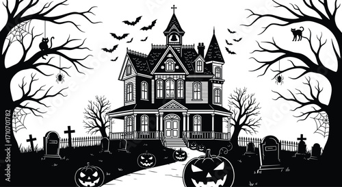 Haunted house Halloween vector — spooky gothic mansion with bats, pumpkins, gravestones, skeleton hands, black cats, trees, and cobwebs