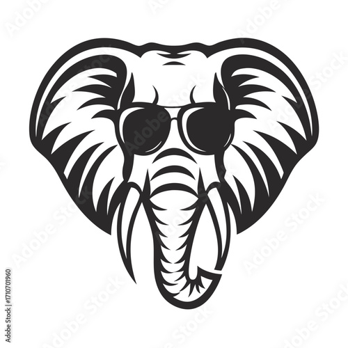 Monochromatic elephant head wearing black sunglasses gazes directly outward showcasing the animal's powerful features