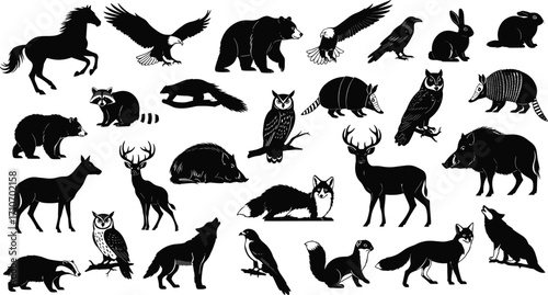 North American animal silhouettes vector set — deer, bear, eagle, fox, bison, owl, wolf, rabbit, raccoon, bird collection
