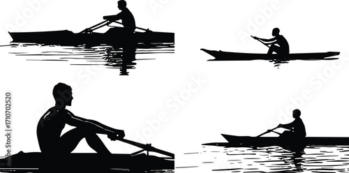Rowing silhouette vector set — athletes in boats with oars and water ripples, black design for sport, motion, and strength