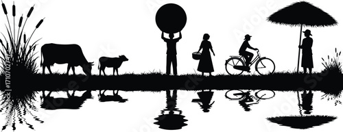 Rural lifestyle silhouette vector — grazing animals, villagers, bicycle, umbrella shade, water reflection, peaceful nature scene in black design