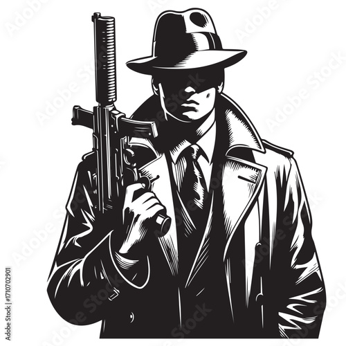 Gangster with gun illustration, vintage mafia man in hat, retro crime vector artwork