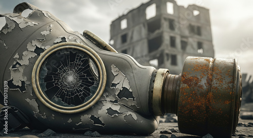 Realistic style photo of an old cracked gas mask with a broken lens lying in the ruins of a destroyed city
