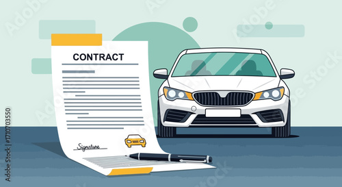 Modern Vector Illustration of Car Contract with Pen and Vehicle Image in White and Blue