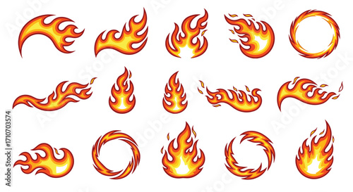 Stylized flame icon vector set — fiery shapes in red, orange, yellow gradients for energy, heat, motion, and graphic design
