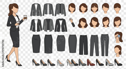 Illustration Vector of Professional Woman in Business Attire with Varied Hairstyles and Clothing Options in Modern Style