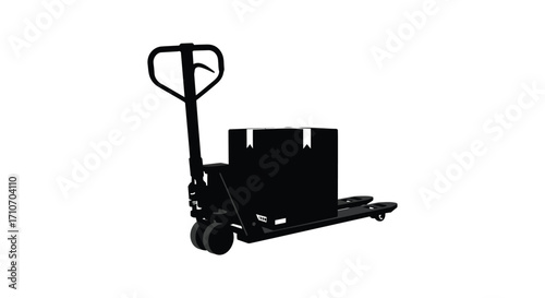 A black silhouette showing a pallet jack with stacked boxes