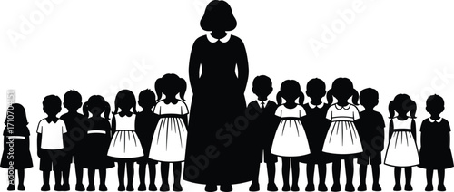 Teacher with children silhouette vector — group of kids in line with adult figure, black design for education and childcare themes