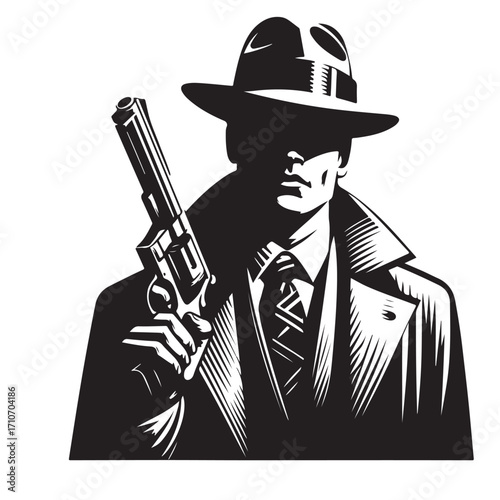 Gangster with gun illustration, vintage mafia man in hat, retro crime vector artwork