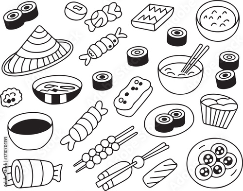 Delicious Asian Cuisine Collection Hand-Drawn Vector Illustration on Transparent Background