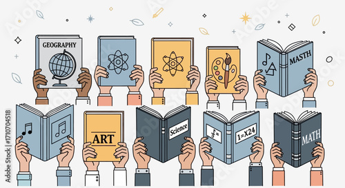 Elevated Learning Diverse Subjects in Books Held Aloft