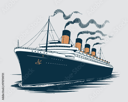 Grand Ocean Liner Vector Illustration with Detailed Smoke and Water Effects on Light Gray