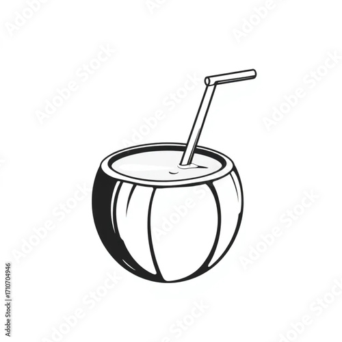 Fresh coconut water in coconut shell with straw