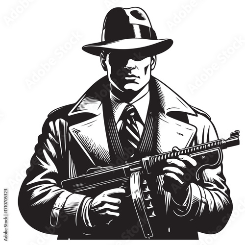 Gangster with gun illustration, vintage mafia man in hat, retro crime vector artwork