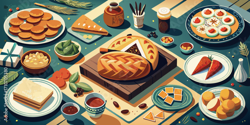 A delectable dish of various chocolate and nut cakes, alongside a fresh pizza and a vibrant salad, arranged on a white plate