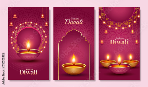 Happy Diwali social media post templates set. Diwali greeting card set vector illustration, banner, poster, flyer, background