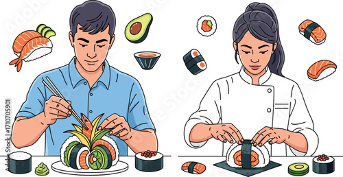 Sushi preparation, chef making rolls, eating sushi, Japanese cuisine, chopsticks, bamboo mat, fresh ingredients, culinary art, avocado, soy sauce
