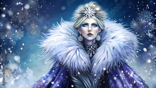 Elegant Fashion Illustration of a Stylish Woman in Long Faux Fur Coat – Modern Luxury Female Portrait Art