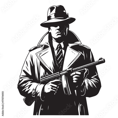 Gangster with gun illustration, vintage mafia man in hat, retro crime vector artwork