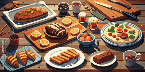 A fresh and healthy gourmet meal of delicious sweet cake with coffee for breakfast on the kitchen table