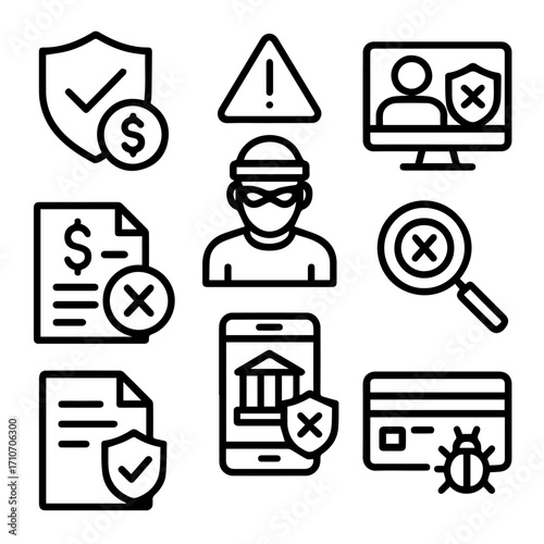Collection of black and white icons representing digital security, fraud, and protection.