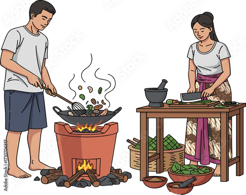 Traditional, cooking, village, lifestyle, firewood, stove, wok, steam, food, preparation, banana, leaves, mortar, pestle, vegetables, rural, kitchen, handmade, organic, culture