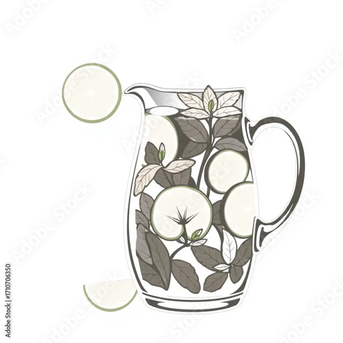 Cold mint and lime water in glass pitcher